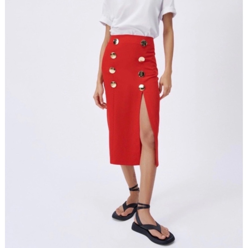 Zara Red High Waisted Midi Skirt Gold Buttons Front Slit Size Small